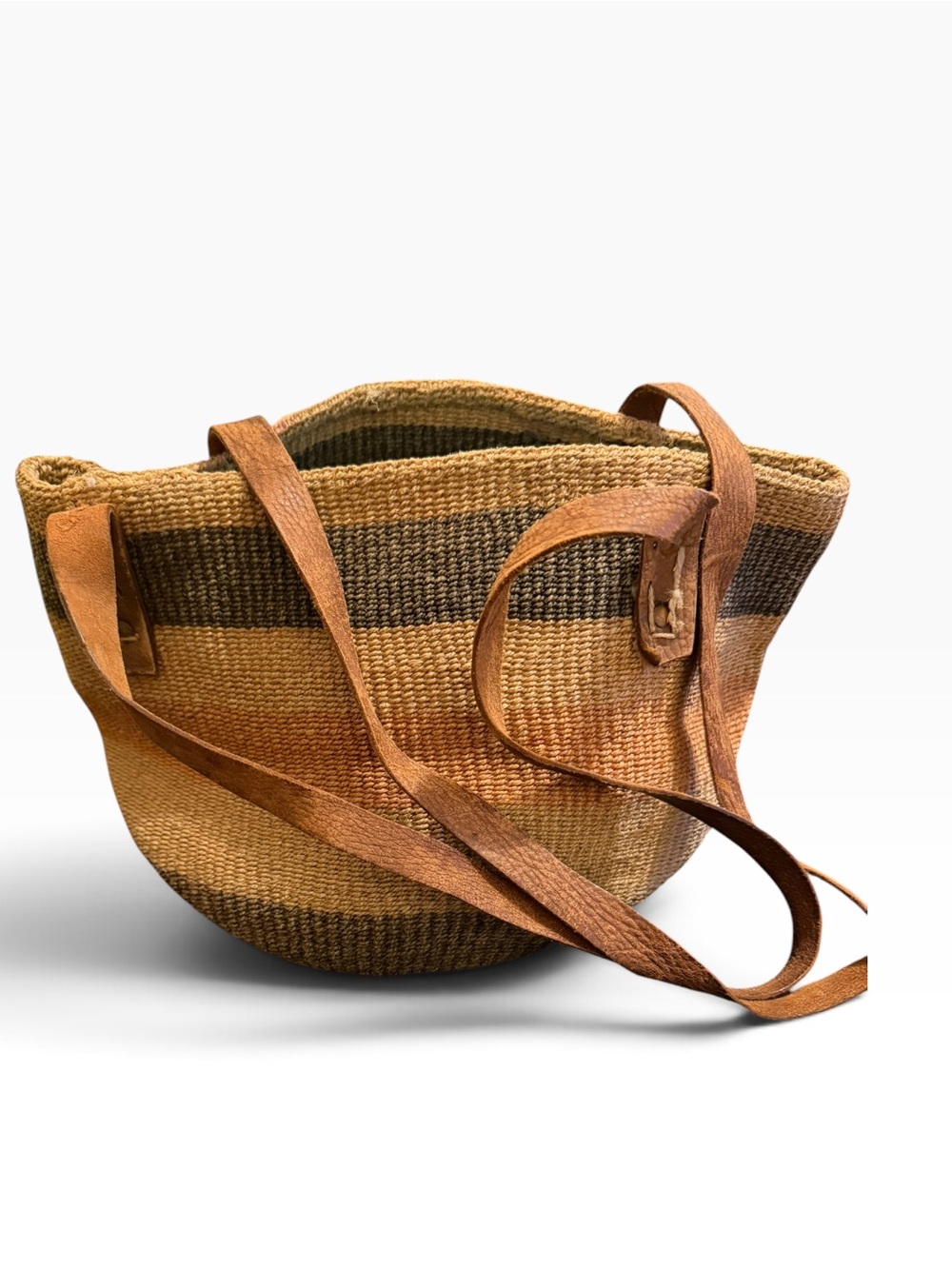 Vintage handwoven striped sisal market tote